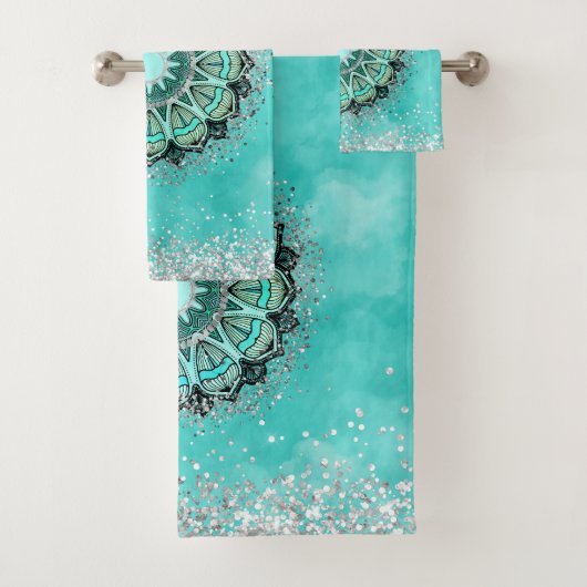 Whimsical Glittery Lotus Mandala Aquamarin Badhandtuch Set (Insitu)
