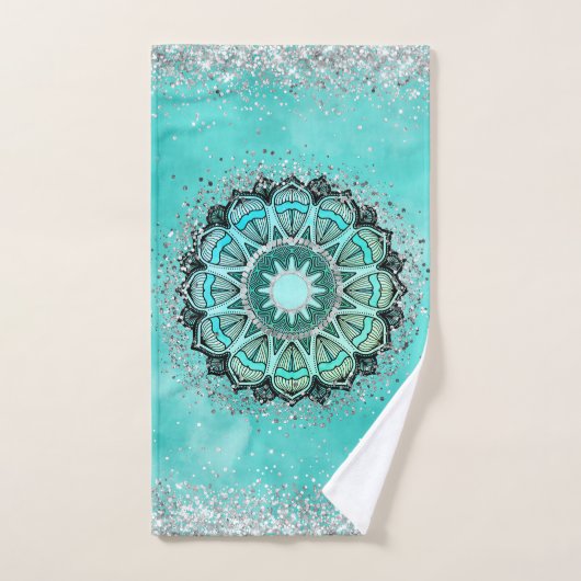 Whimsical Glittery Lotus Mandala Aquamarin Badhandtuch Set (Handtuch)