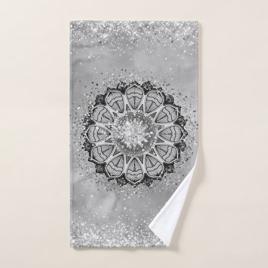 Whimsical Glittery Silver Lotus Mandala Badhandtuch Set (Handtuch)