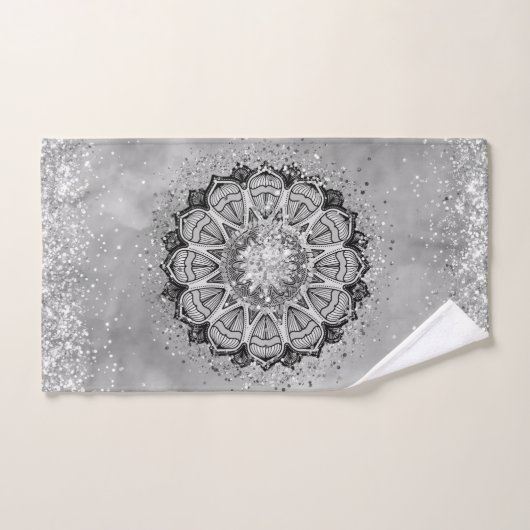 Whimsical Glittery Silver Lotus Mandala Badhandtuch Set (Handtuch)