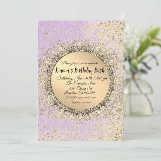 Whimsical Glittery Stars Lavender Birthday (Stehend Vorderseite)