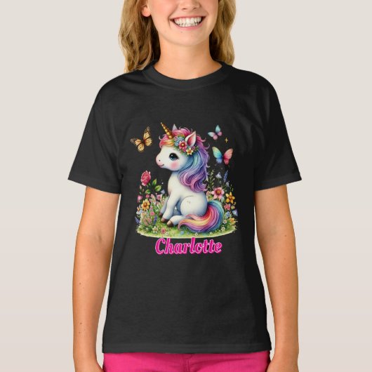 Whimsical Glitzer Blume einhornschwarzer T - Shirt (Vorderseite)