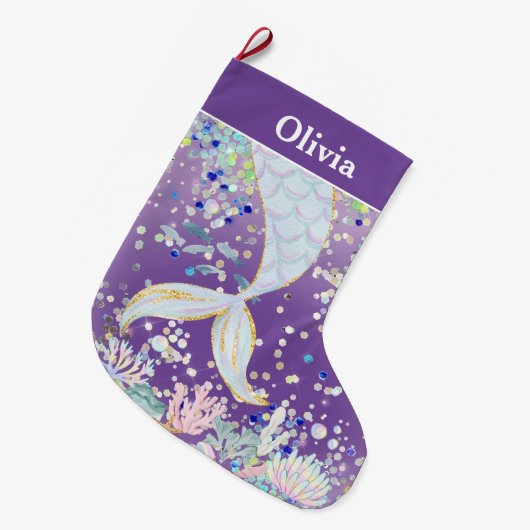 Whimsical Glitzer Meerjungjacht Großer Weihnachtsstrumpf (Vorderansicht (hängend))