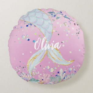 Whimsical Glitzer Meerjungjacht Rundes Kissen