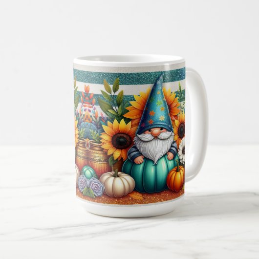 Whimsical Gnome Amidst Sonnenblumen und Pumpkins Kaffeetasse (VorderseiteRechts)