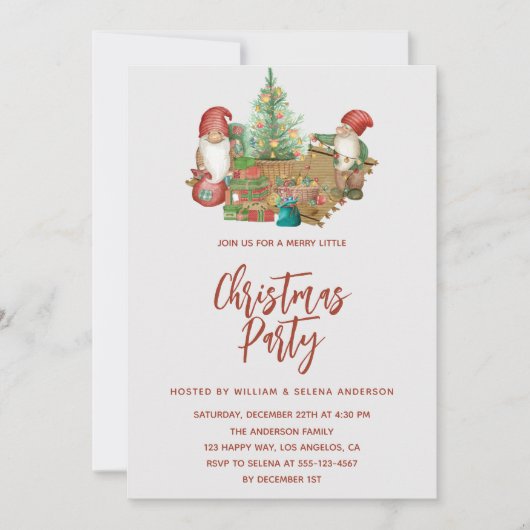 Whimsical Gnome & Christmas Tree Feier Einladung (Vorderseite)