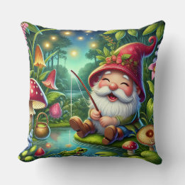 Whimsical Gnome Fischen durch einen magischen Wald Kissen