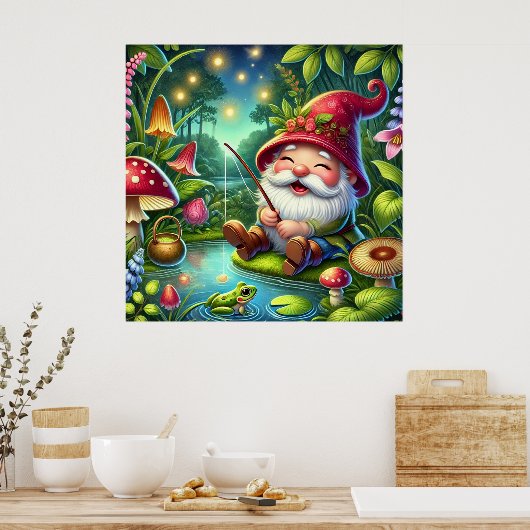 Whimsical Gnome Fischen durch einen magischen Wald Poster (Küche)