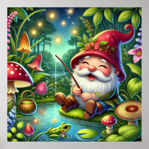 Whimsical Gnome Fischen durch einen magischen Wald Poster
