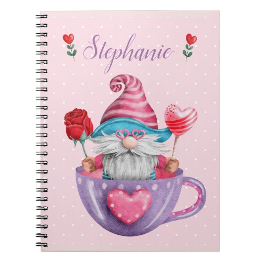 Whimsical Gnome in Teecup Herz und Blume Notizblock (Vorderseite)
