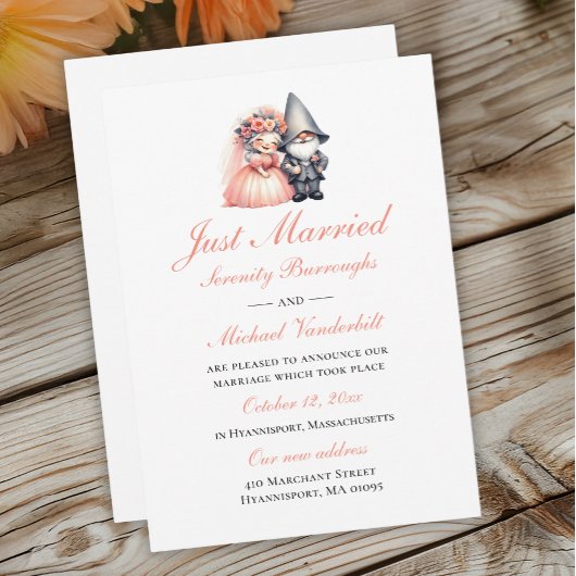 Whimsical Gnome Orange Garden Just Married Wedding Ankündigung