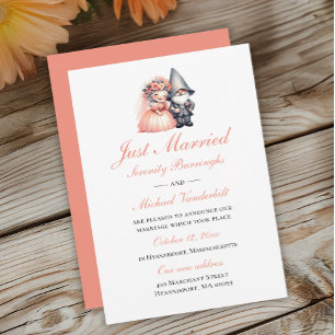 Whimsical Gnome Orange Just Married Wedding Ankündigung