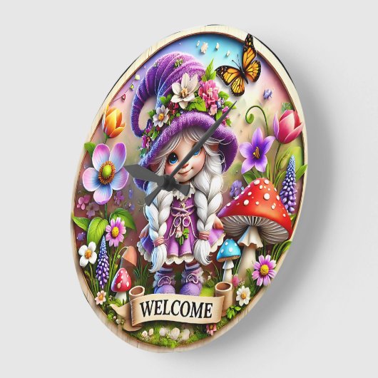 Whimsical Gnome Welcome Clock: Blumenfantasy Große Wanduhr (Winkel)