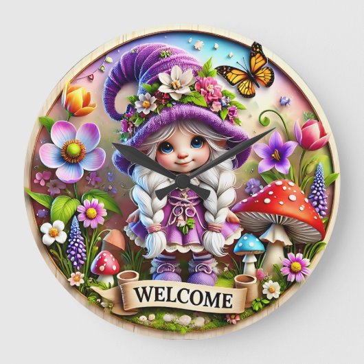 Whimsical Gnome Welcome Clock: Blumenfantasy Große Wanduhr (Vorderseite)
