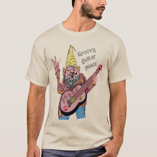 Whimsical Gnome with Peace Guitar, Groovy 60s Vibe T-Shirt (Vorderseite)
