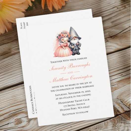 Whimsical Gnome Woodland Orange Garden Wedding Einladungspostkarte