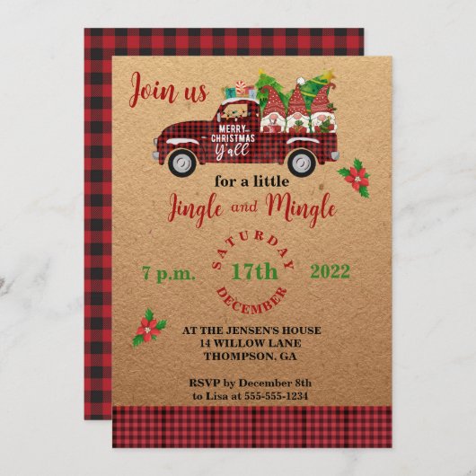 Whimsical Gnomes in Red Truck Weihnachts-Party Einladung (Vorne/Hinten)