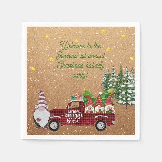 Whimsical Gnomes in Red Truck Weihnachts-Party Serviette (Vorderseite)