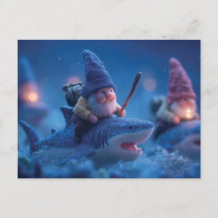 Whimsical Gnomes Riding on Haie Feiertagspostkarte