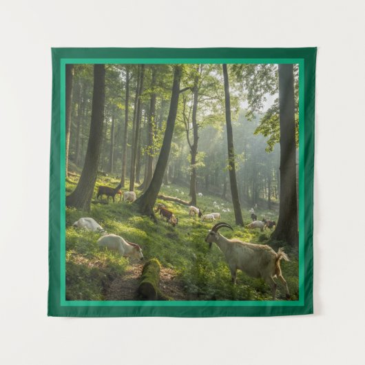 Whimsical Goat in Forest Photo Tapestry for Walls Wandteppich (Vorderseite)