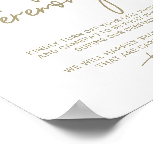 Whimsical Gold Calligraphy Unplugged Zeremony Sign Poster (Ecke)