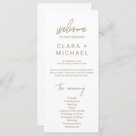 Whimsical Gold Calligraphy Wedding Programm (Vorne/Hinten)