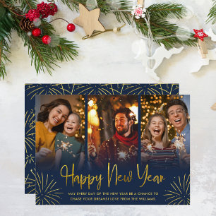 Whimsical Gold Fireworks Happy New Year Foto Feiertagskarte