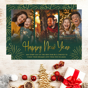 Whimsical Gold Fireworks Happy New Year Foto Feiertagskarte