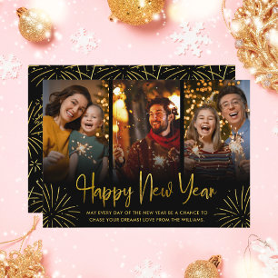 Whimsical Gold Fireworks Happy New Year Foto Feiertagskarte