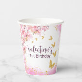 Whimsical Gold Glitter Butterflies Pink Flowers Pappbecher (Vorderseite)