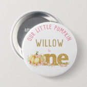 Whimsical Gold Glitzer Pumpkin 1st Birthday Girl Button (Vorne & Hinten)