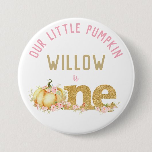 Whimsical Gold Glitzer Pumpkin 1st Birthday Girl Button (Vorderseite)