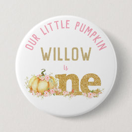 Whimsical Gold Glitzer Pumpkin 1st Birthday Girl Button
