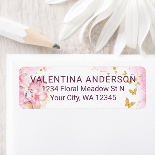 Whimsical Gold Glitzer Schmetterlinge Rosa Blume (Insitu)