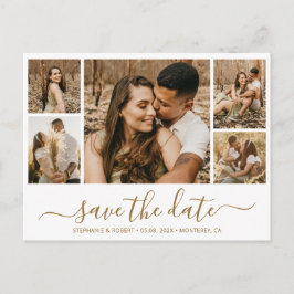 Whimsical Gold Script Foto Collage Save the Date Einladungspostkarte