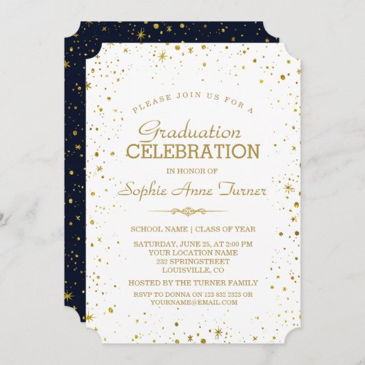 Whimsical Gold Sparkle Starry Sky Graduation Party Einladung (Vorne/Hinten)