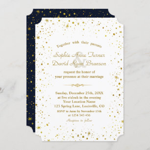 Whimsical Gold Starry Night Navy Blue Wedding Einladung