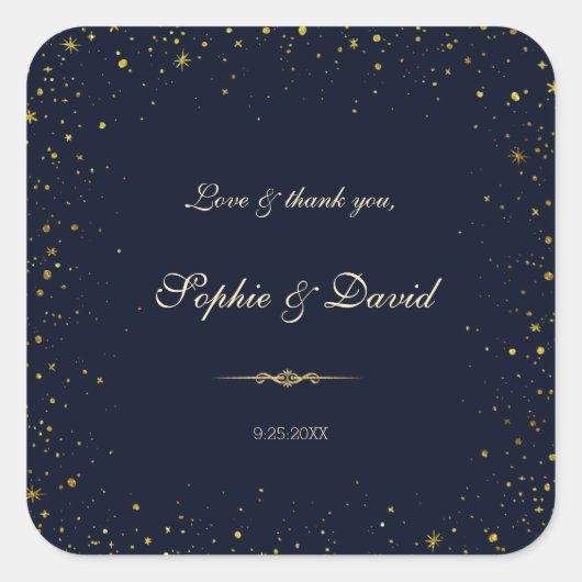 Whimsical Gold Starry Night Wedding Quadratischer Aufkleber (Vorderseite)