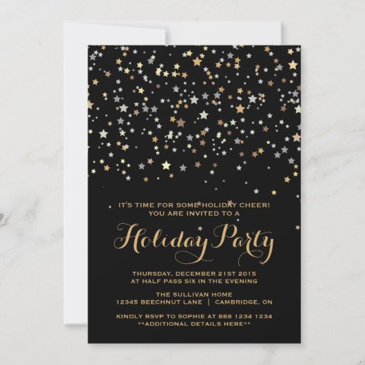 Whimsical Gold Stars Confetti Holiday Party Einladung (Vorderseite)