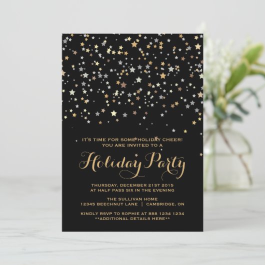 Whimsical Gold Stars Confetti Holiday Party Einladung (Stehend Vorderseite)