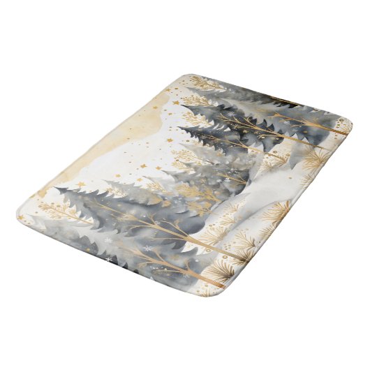 Whimsical Gold und Grau Winter im Wald Badematte (Schrägansicht)