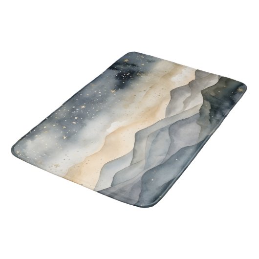 Whimsical Gold und Navy Berge Starry Night Badematte (Schrägansicht)