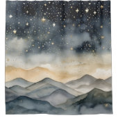 Whimsical Gold und Navy Berge Starry Night Duschvorhang (Vorderseite)