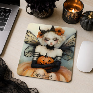 Whimsical Goth Fairy & Pumpkin Custom Halloween Mousepad
