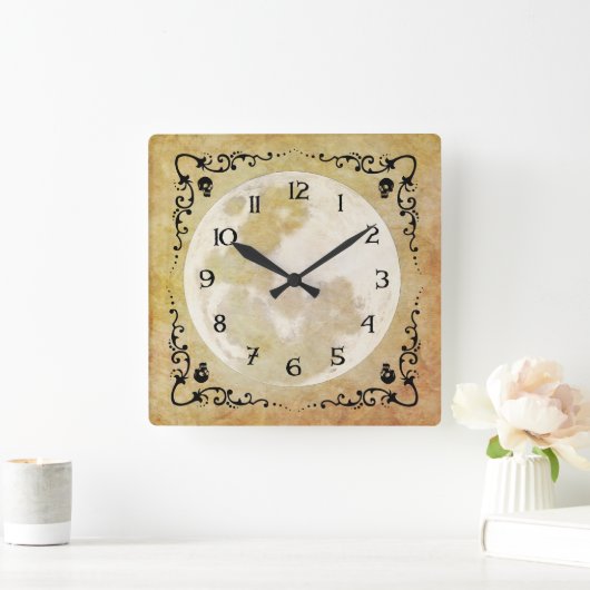 Whimsical Goth Full Moon Halloween Quadratische Wanduhr (Zuhause)