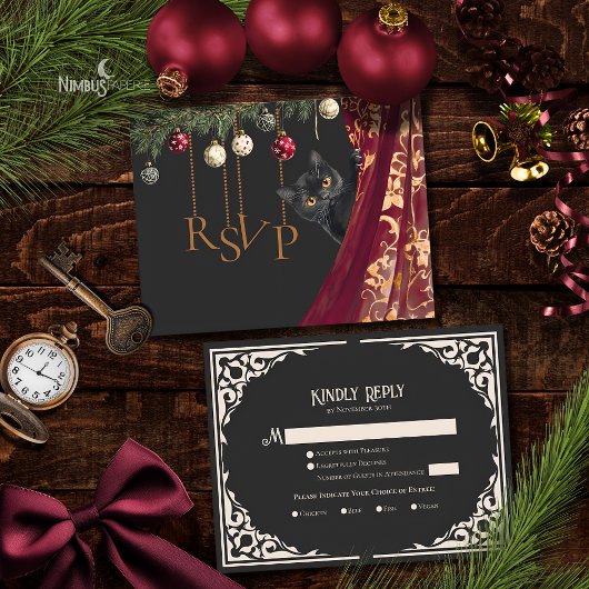 Whimsical Gothic Black Cat Holiday Party RSVP Card Begleitkarte