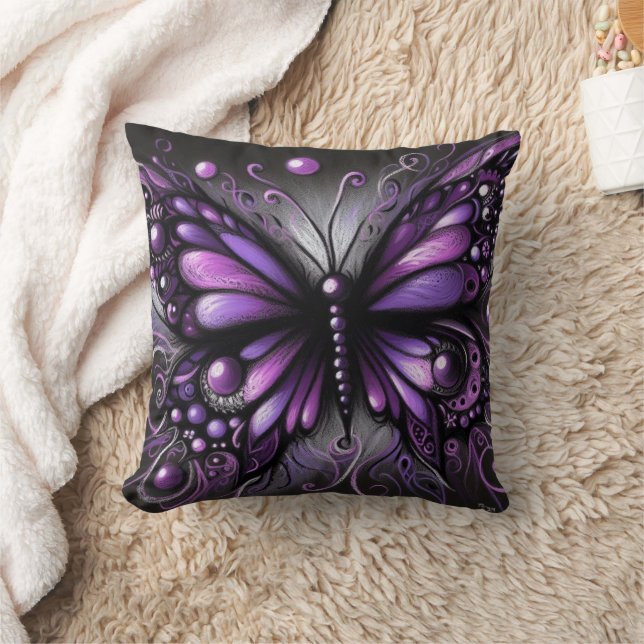 Whimsical Gothic Butterfly Lila Black Colorful Kissen (Decke)