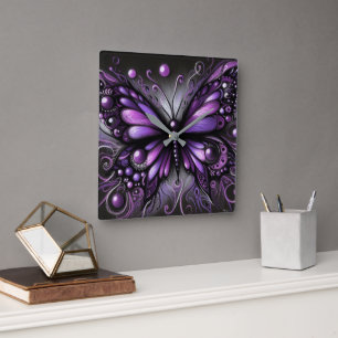 Whimsical Gothic Butterfly Lila Black Colorful Quadratische Wanduhr