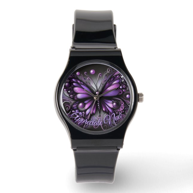 Whimsical Gothic Butterfly Purple Personalized Armbanduhr (Vorderseite)