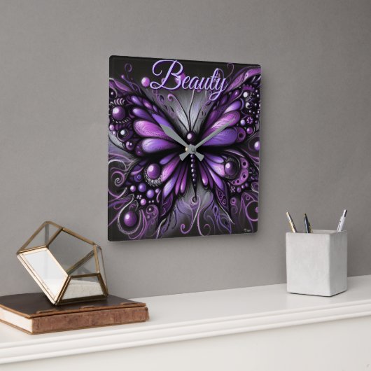 Whimsical Gothic Butterfly Purple Personalized Quadratische Wanduhr (Büro)